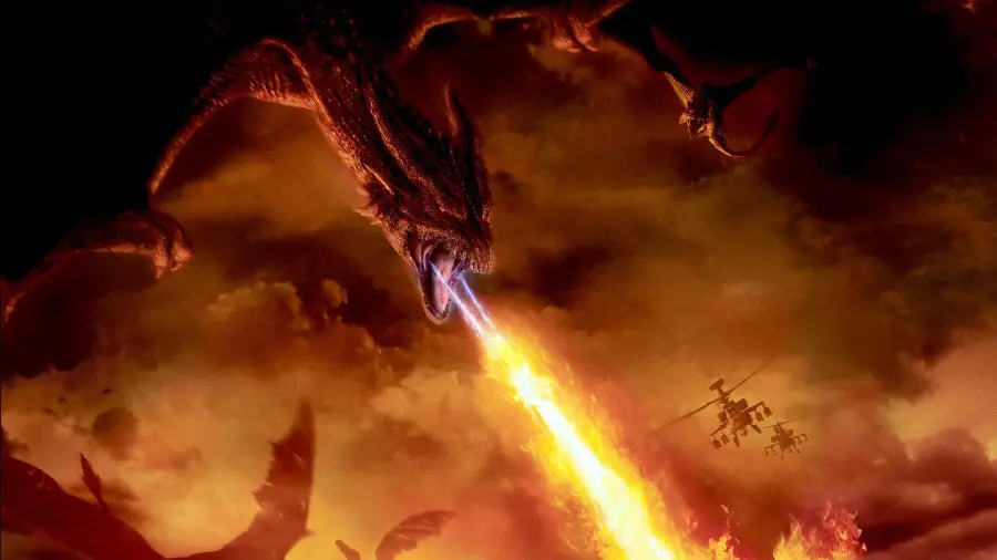 Background photo of a fountain of fire from the dragon's mouth and the destruction of lands