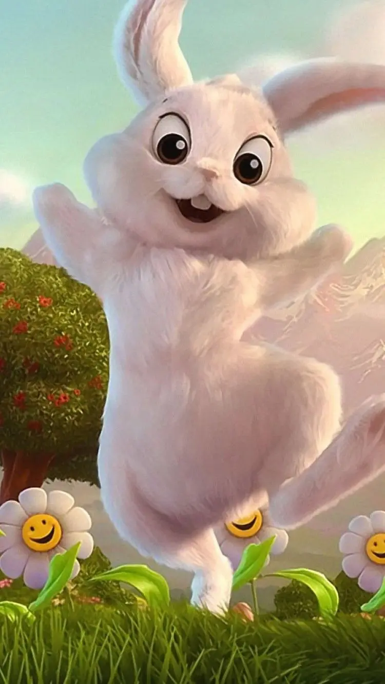 Wallpaper of a Googly Bunny Jumping Among Smiling Daisies