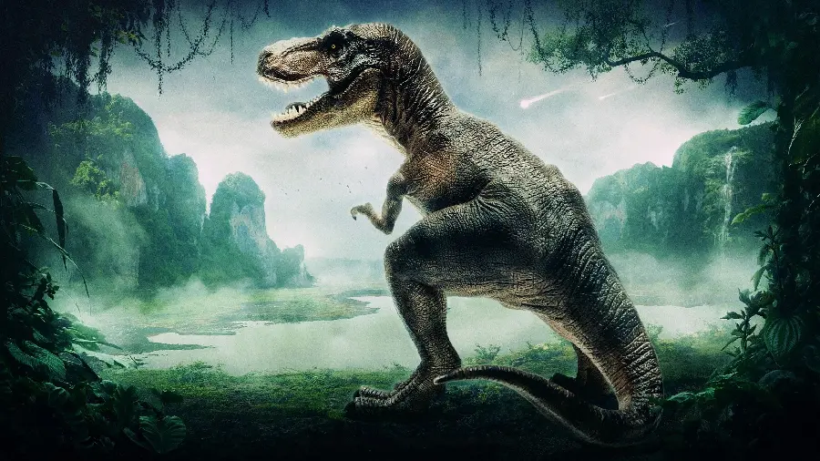 Photo of the world's most famous carnivorous dinosaur T-Rex in the green forest