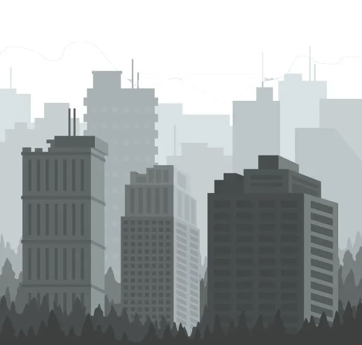 Dark graphic design of a big city and tall buildings in cut out and PNG