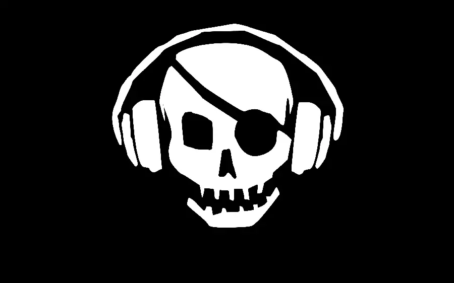 Simple vector of a pirate skull with headphones and a blindfold in a black and white theme