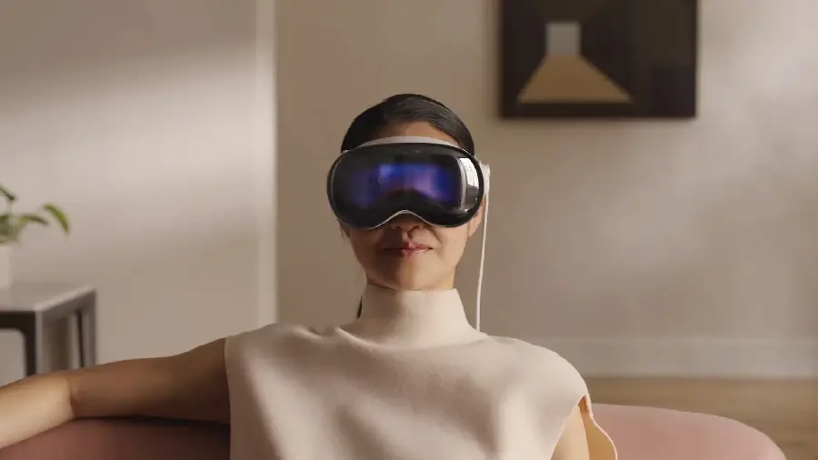 Apple mixed reality headset frame on the eye with the all-new VisionOS operating system