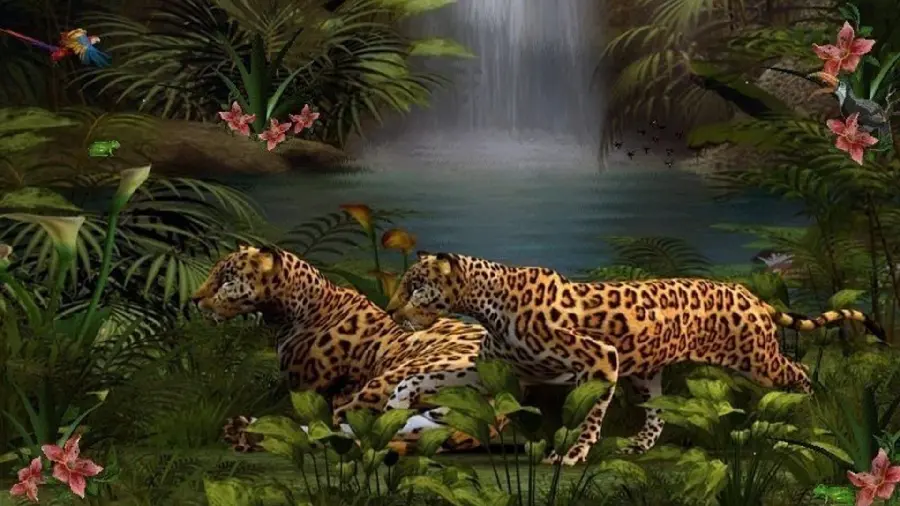 Cartoon image of two leopards in an indescribable and dreamy forest 