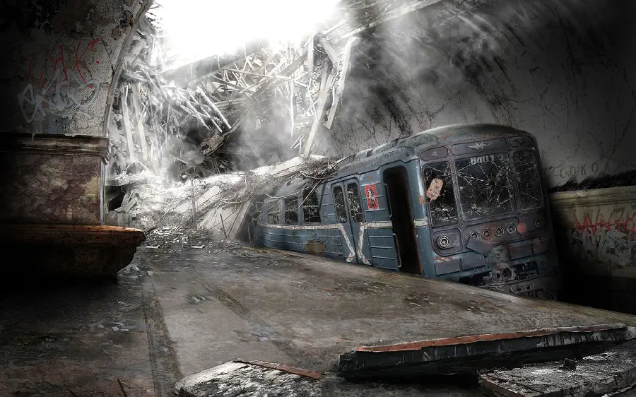 A background of a ruined and abandoned underground subway