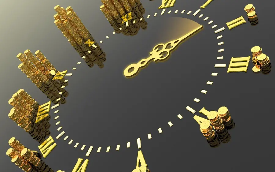 Download wallpaper of gold coins arranged in the shape of a stylish clock 