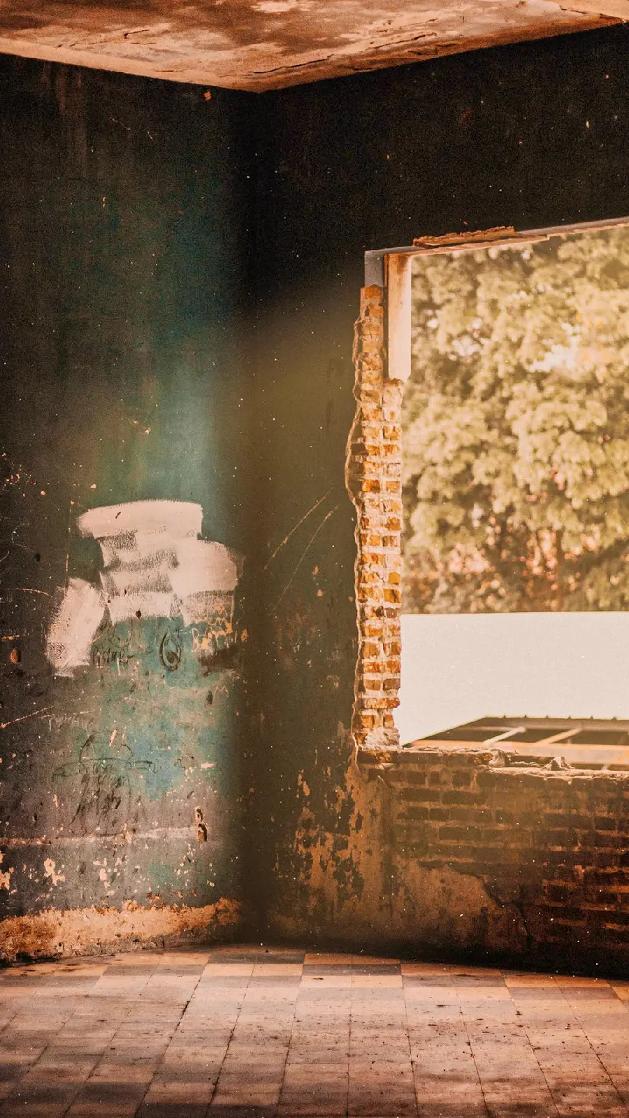 Get a stock image of an abandoned room with red bricks