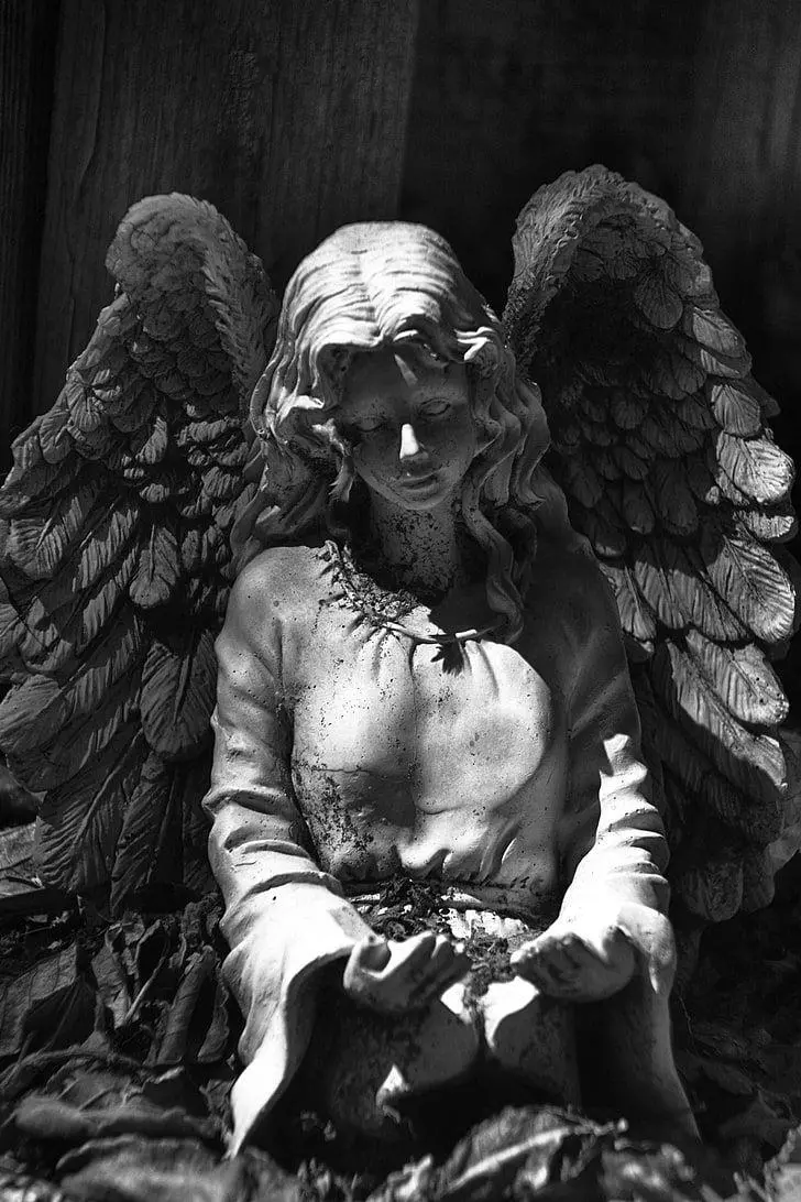 Stock photo of a winged angel statue with a black background, full HD