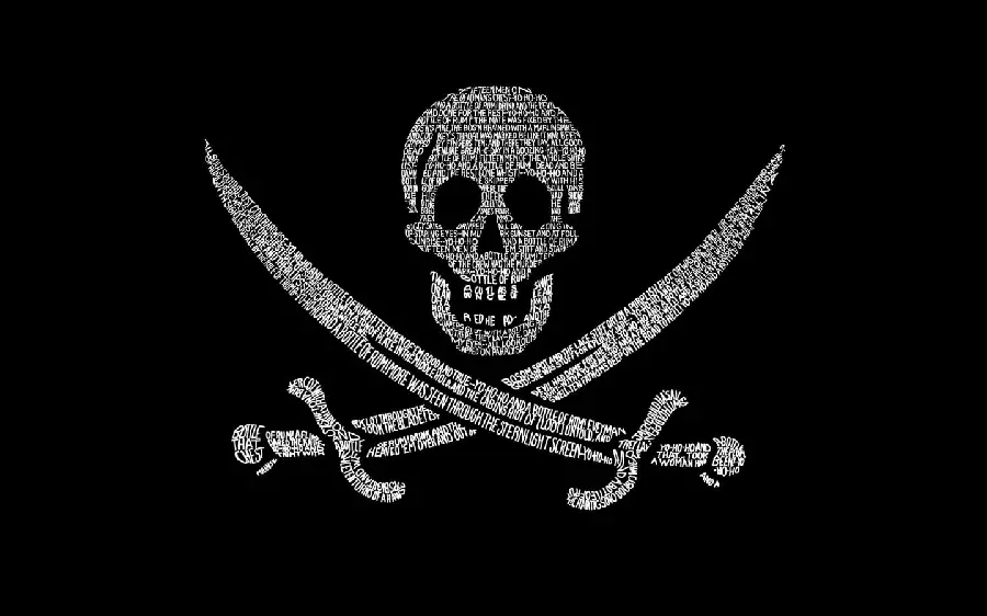 Black and white pirate flag photo with a spectacular skull and sword design