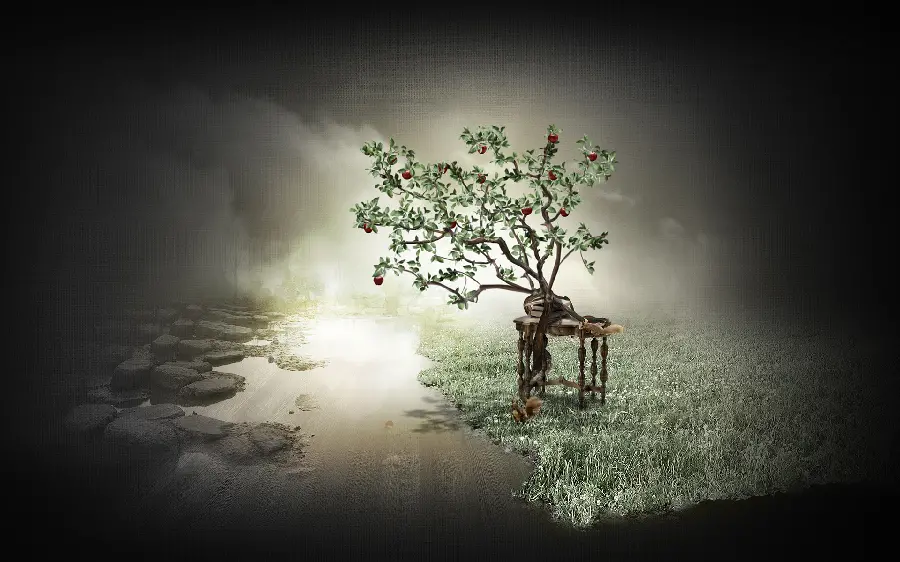 Fantasy wallpaper of apple orchard tree music a sign of spring