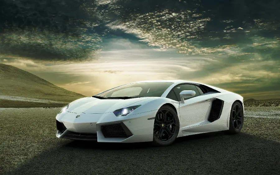 Pictures of a white Lamborghini with a pleasant and beautiful background 