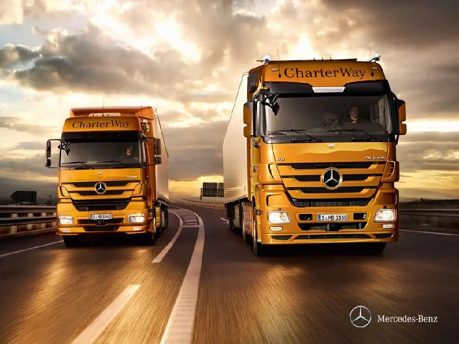 View of the monster truck of the Benz company called Actros on the road in HD quality