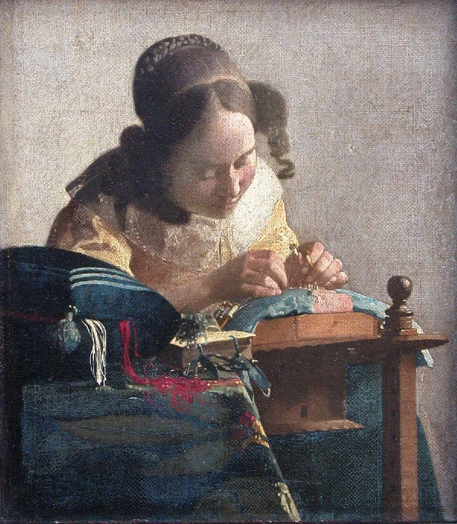 Painting of a young woman at work From Johannes Vermeer, the famous Dutch painter 