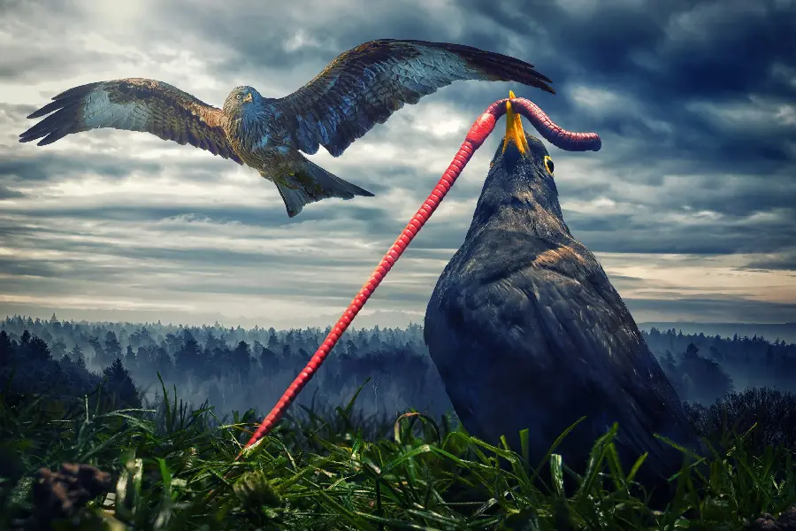 Digital and miniature photo of a gray pigeon while feeding a worm