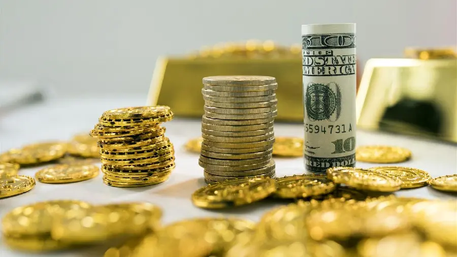 Stock photo of small and large gold coins and US dollar bills