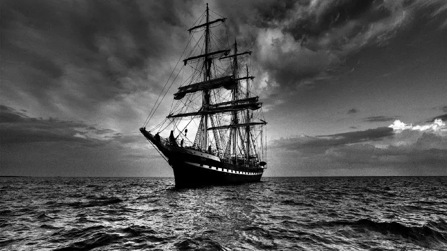 The most beautiful black and white background of a wooden ship Big on the sea 