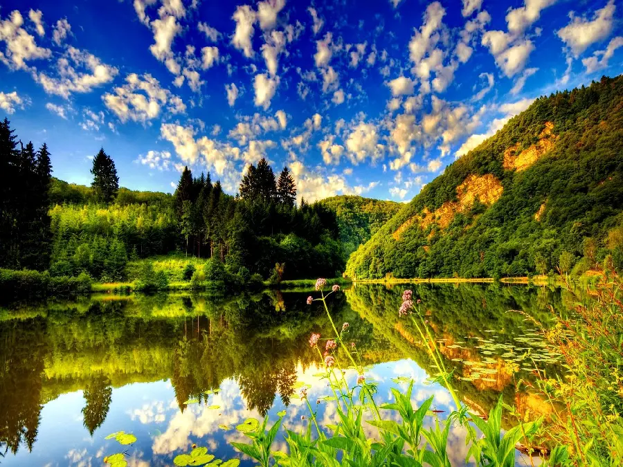 The best summer laptop background with a beautiful reflection of the blue sky in the lake