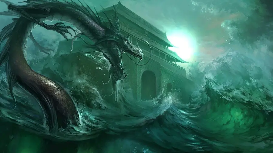  Extremely beautiful wallpaper of a dangerous and tall dragon in the water 
