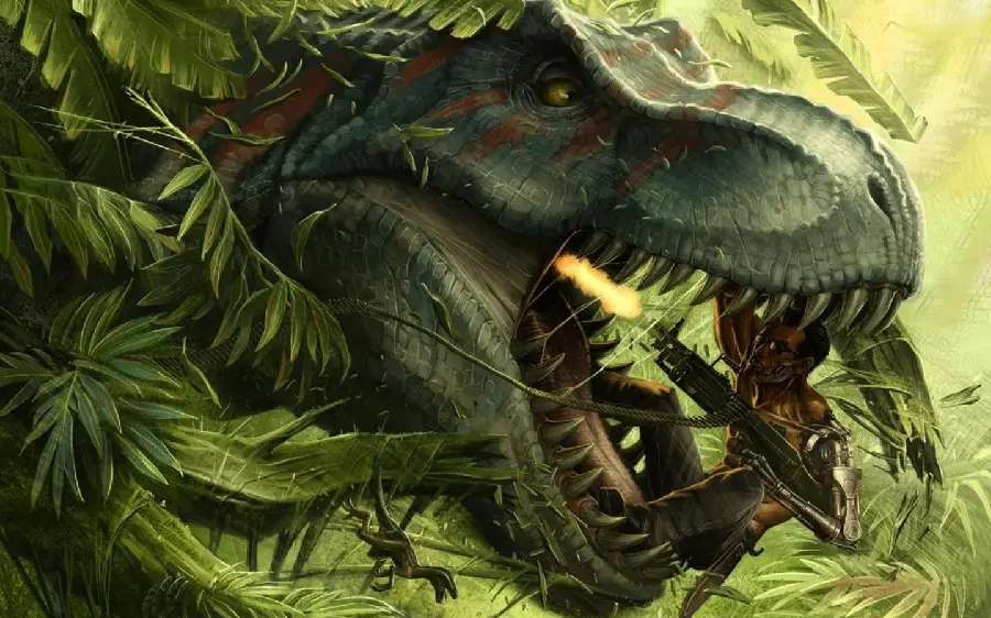 Creepy photo of a hunter with a gun in the mouth of a giant carnivorous dinosaur