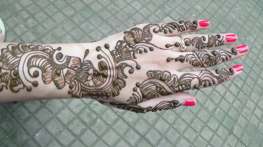Image of a new and simple model of henna on the hand with a complex linear pattern