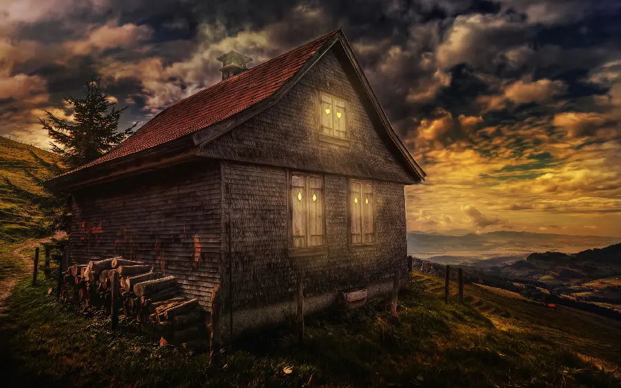 Fantasy photo of a wooden hut with firewood next to the hut and sunset for a novel download site