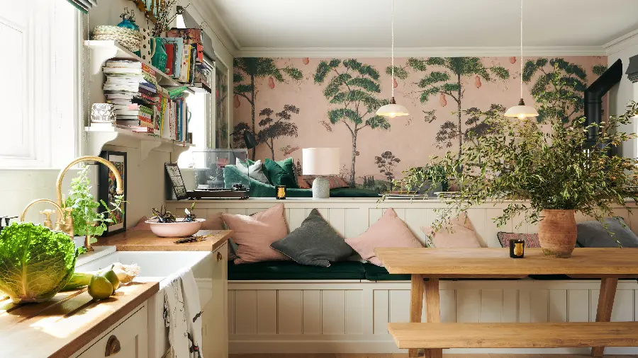  Beautiful background of a luxurious and dreamy kitchen with beautiful flowers 