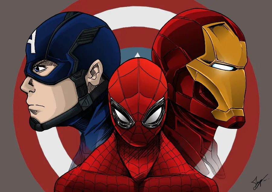 Download the animated image of Spider Man next to Iron Man and Captain America