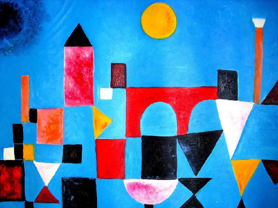 The Red Bridge Painting by Cubism in the Form of Broken and Unclear Geometric Shapes by Paul Klee