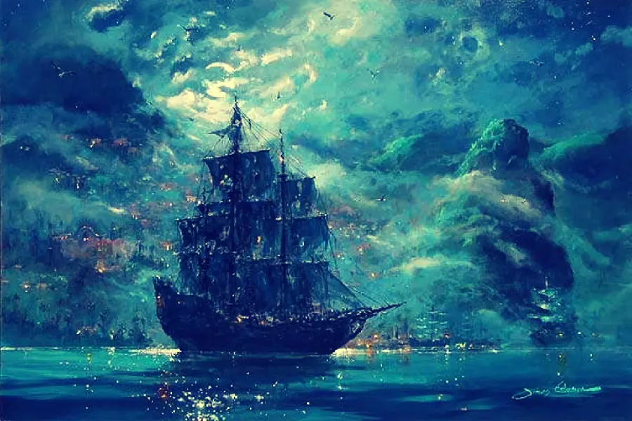 Background of a ship in heavy rain and storm with a beautiful green-blue color theme