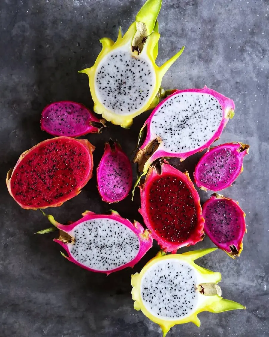 Image of pitaya fruit in various colors of yellow, white and pink