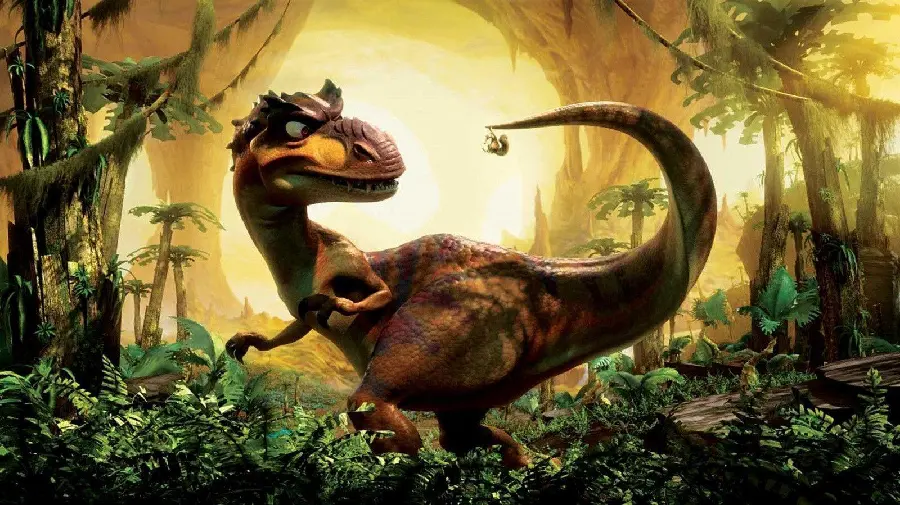Interesting drawing of a small squirrel caught in the tail of a scary dinosaur