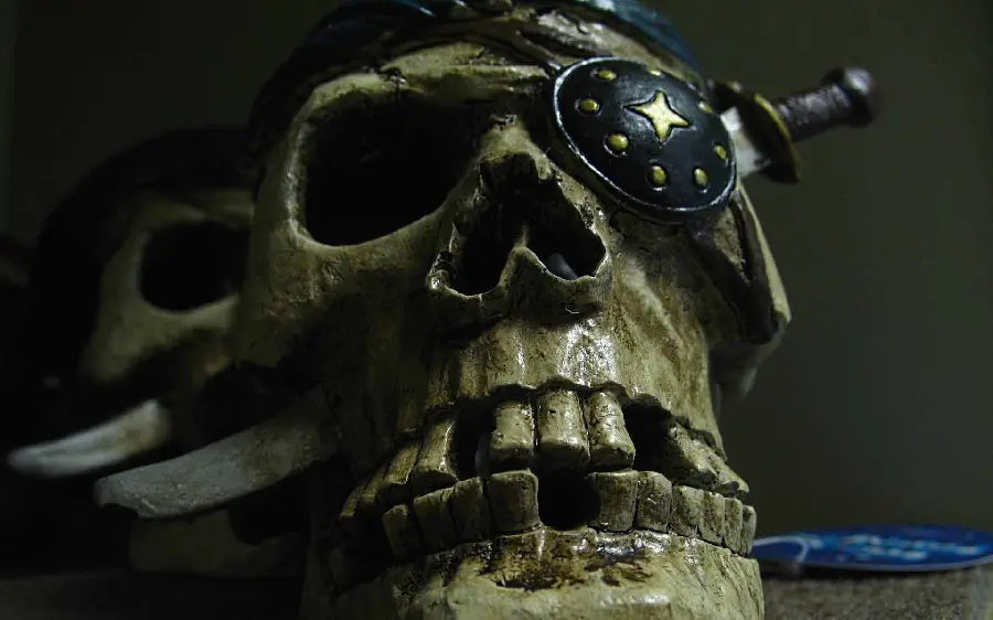 Real photo of a pirate skull with a blindfold and a very cool sword