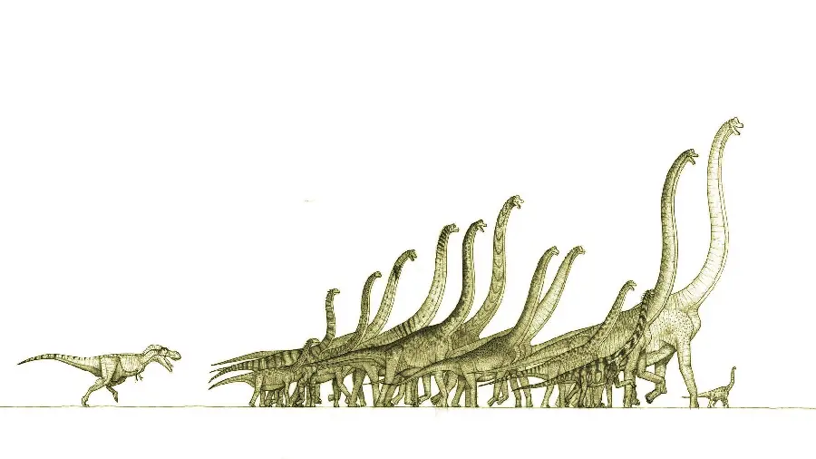 Drawing of Tyrannosaurus rex chasing a pack of tall herbivorous dinosaurs