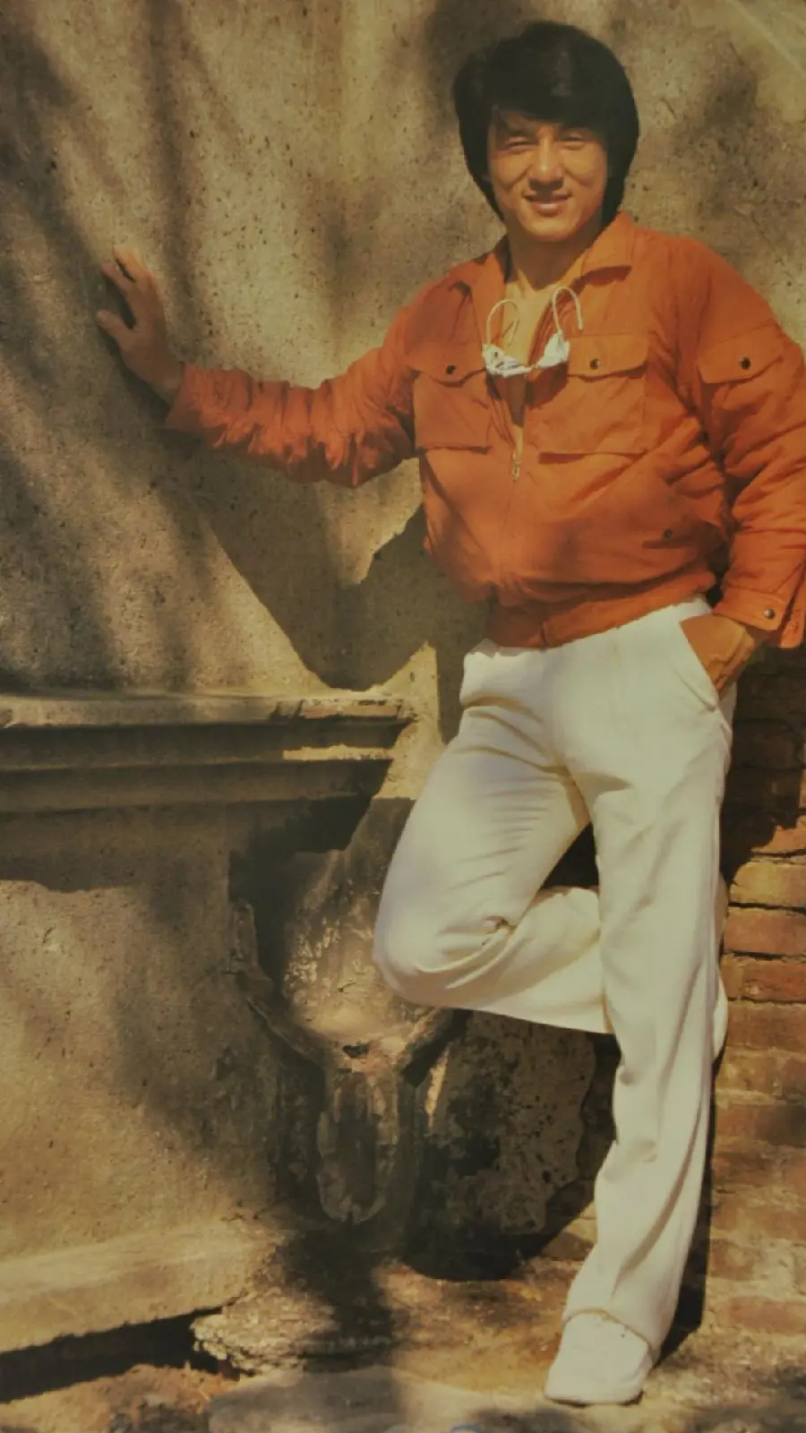 Background photo of Jackie Chan and the use of fighting techniques and martial arts in action and adventure films and the growing fame of Jackie Chan