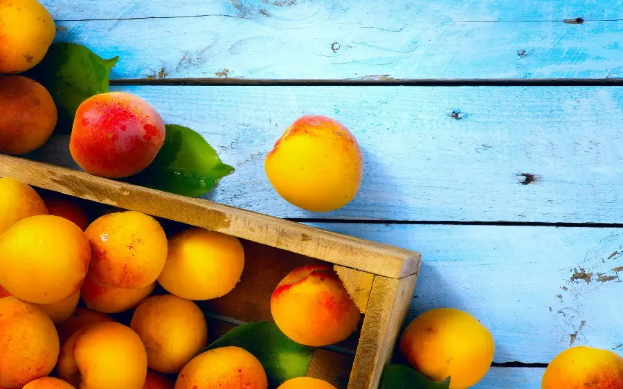 Delightful wallpaper of peach fruit on a blue wooden surface in full hd quality