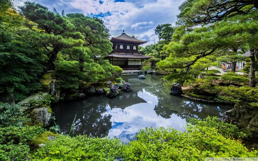 Beautiful laptop background with a lush nature design of a Zen garden in Japan