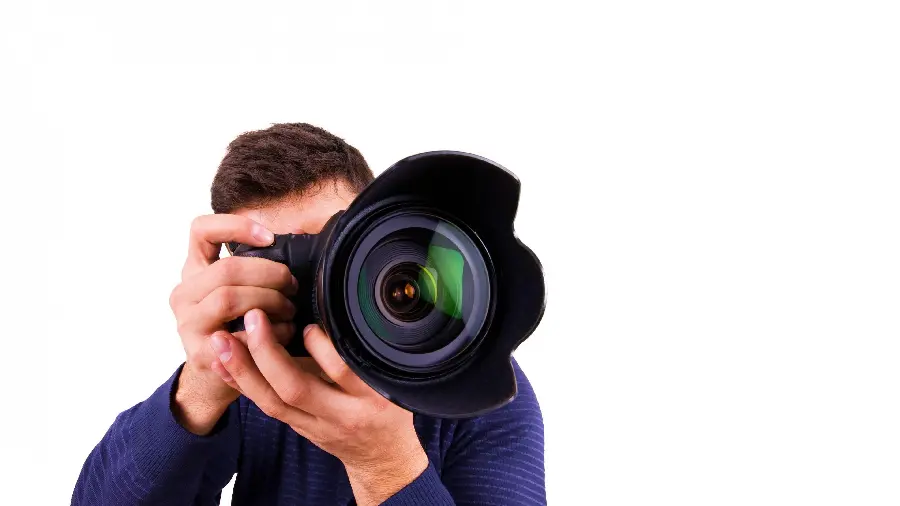 Download a simple image of a man taking a photo with a white background, suitable for project covers
