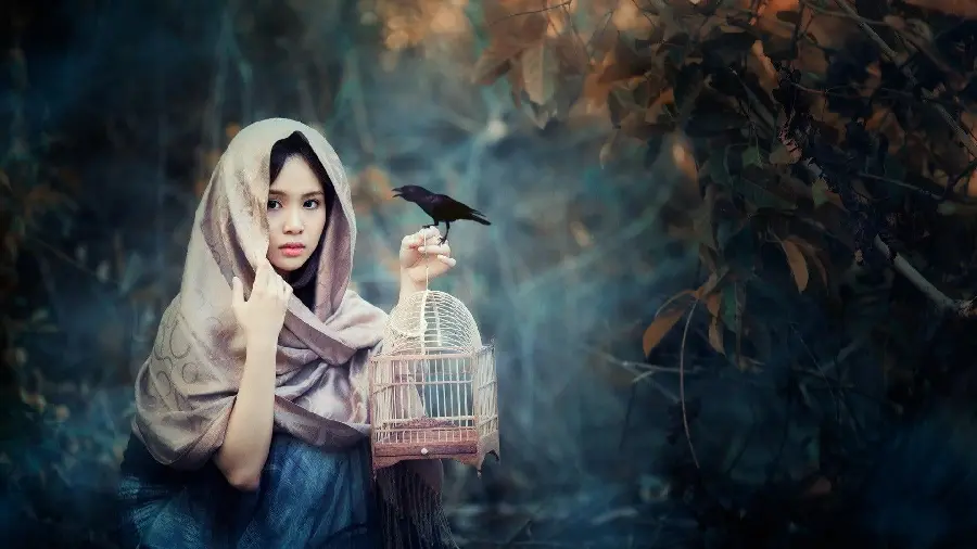 The most artistic picture of a girl in a hijab in a mysterious nature with a crow
