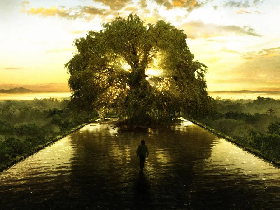 The background of a human moving towards the tree of life located in the water with a yellow and luminous background
