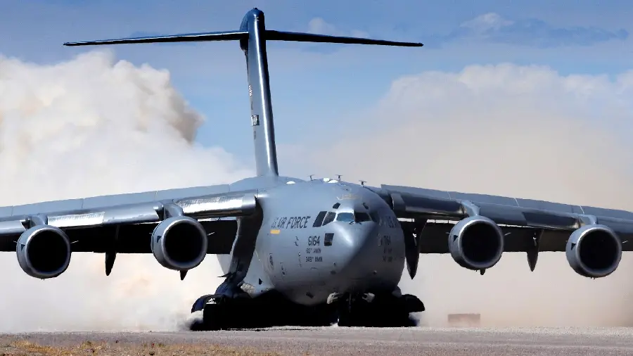 The largest American cargo plane in gray Dark