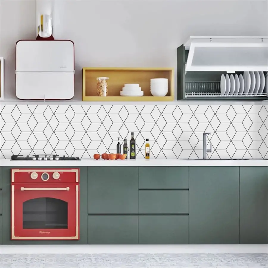 Beautiful picture of a cabinet Matte green with a beautiful red stove 