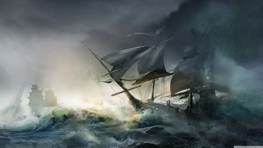 Amazing painting of a ship in a storm with a gray halo 