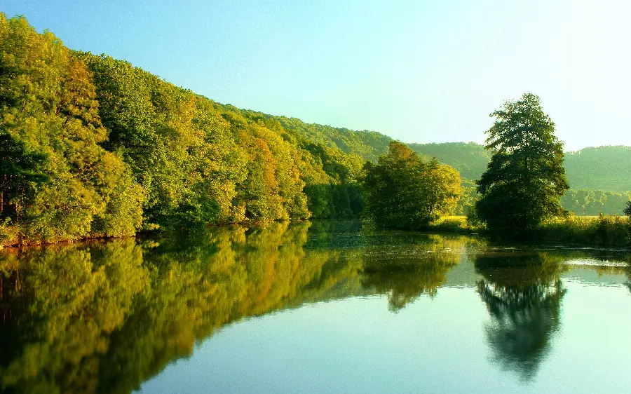 A spring background of an amazing forest and an indigo lake