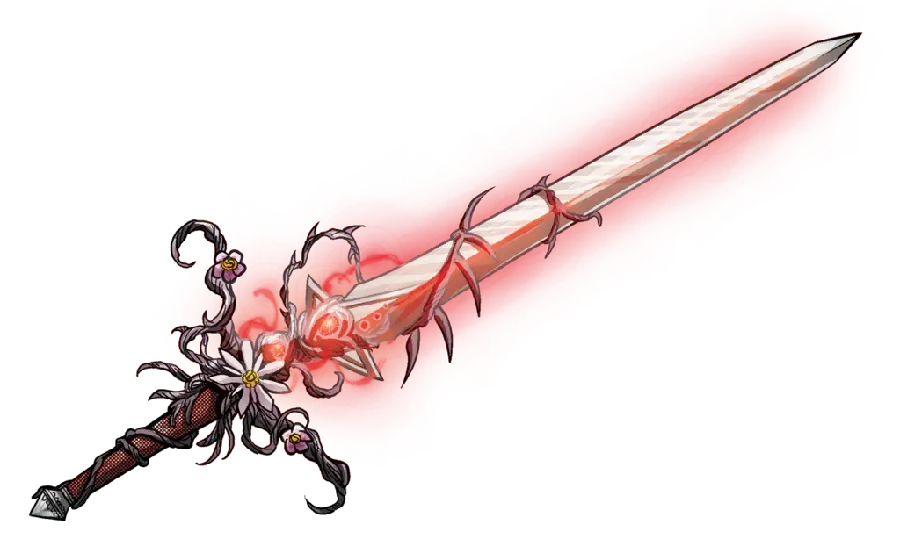 Backgroundless photo of a magic sword with the power of red rays with beautiful flowers on its handle