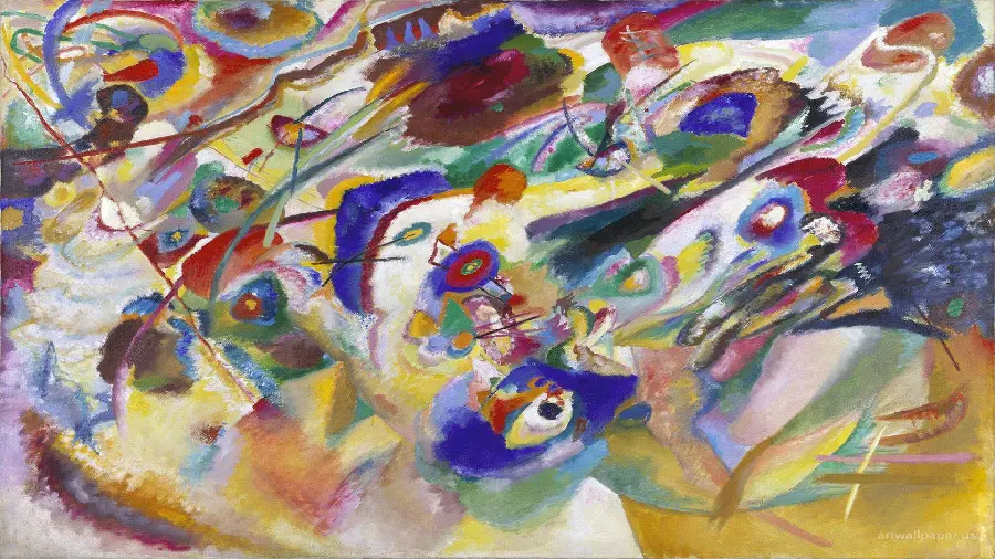 Download stock and full HD photo of an abstract painting with warm colors by a Russian painter named Wassily Kandinsky