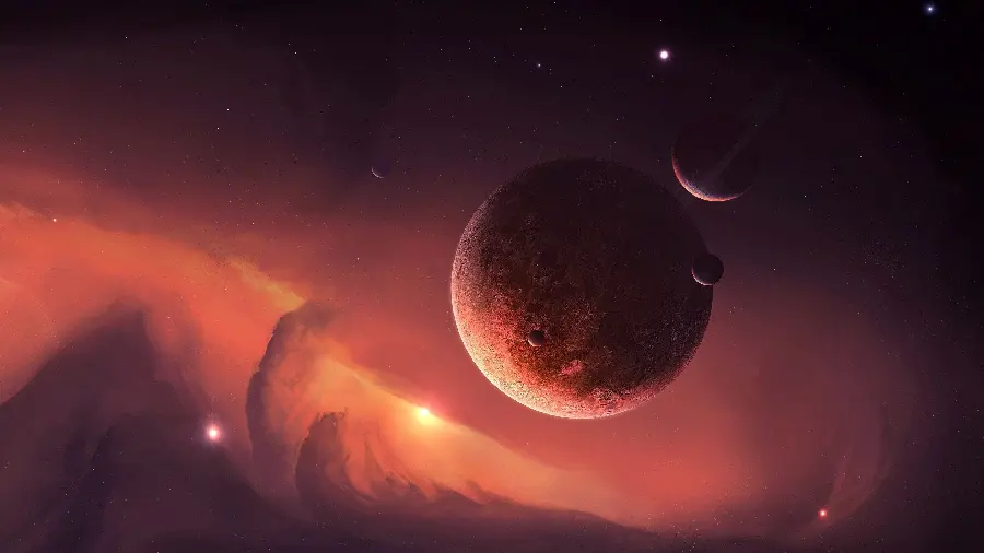 A spectacular wallpaper of the galaxy and planets with orange tones