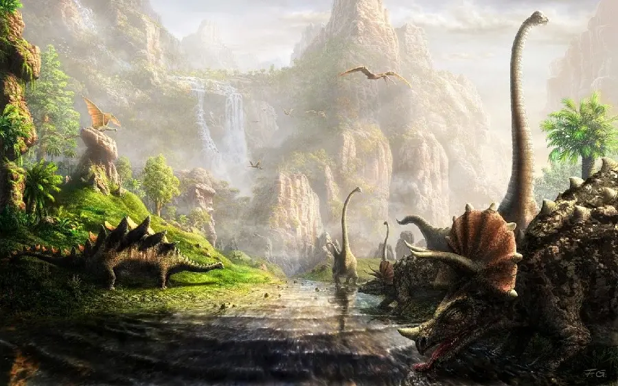 Dinosaur world poster with various types of herbivorous and carnivorous dinosaurs