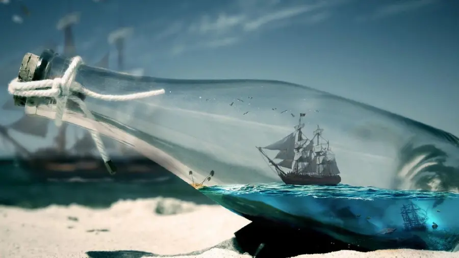 Cool wallpaper of a beautiful small ship in a glass bottle of water for your computer