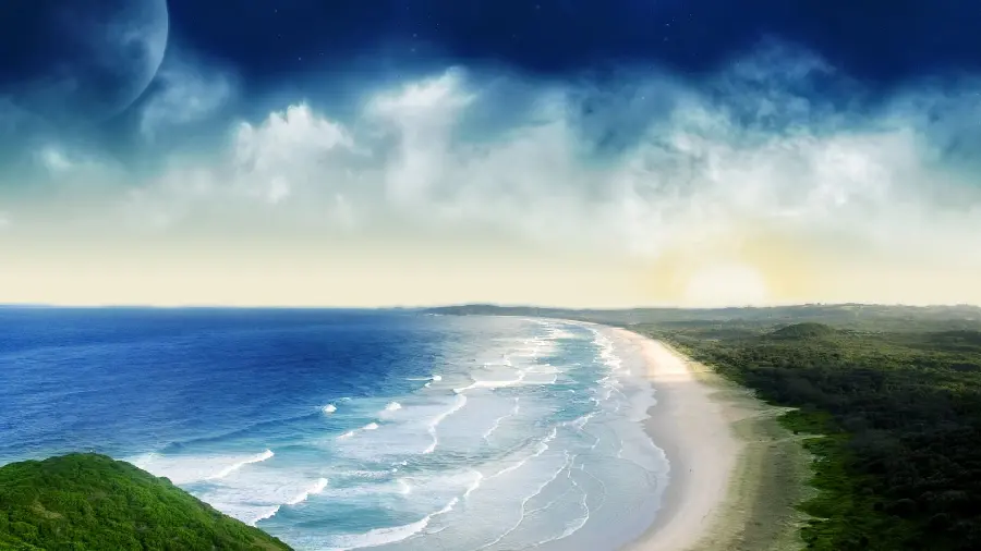 Beautiful summer landscape on the border of green forest and blue sea for PowerPoint background