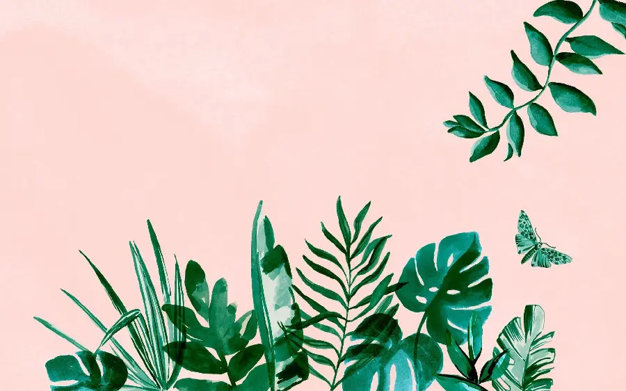 Background photo of a rose and green fig and palm leaves 