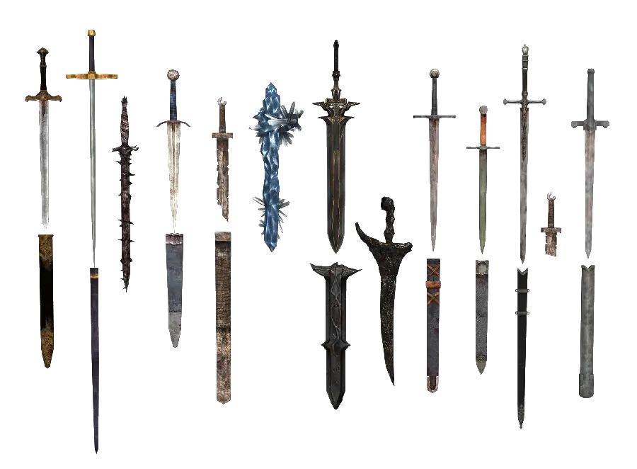 Unique photo of various swords with scabbards in png format and excellent quality 